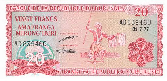 Burundi p27a 20 Francs 1977